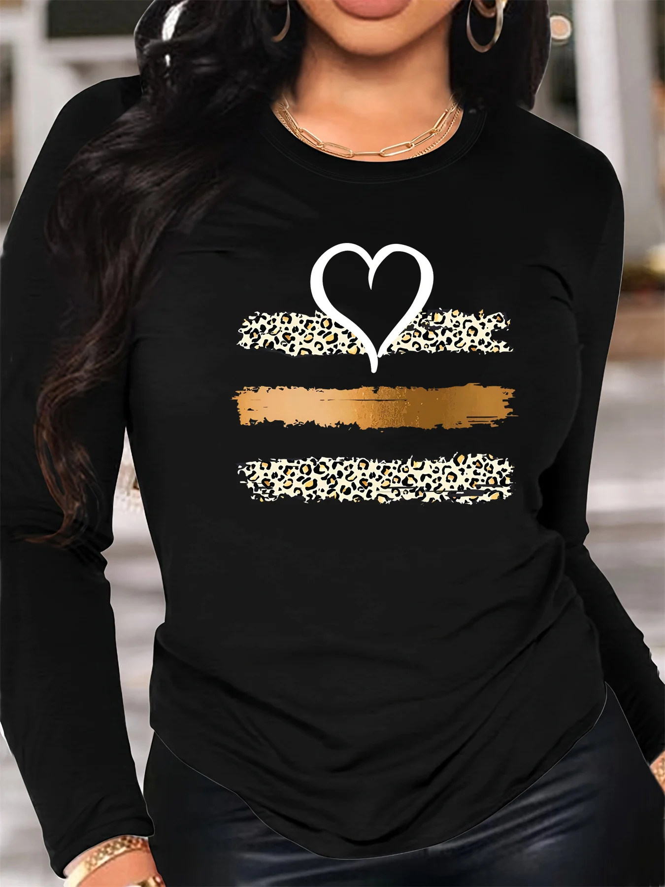 

100% pure cotton women's spring and autumn loose casual leopard print heart-shaped graphic print long sleeved round neck T-shirt