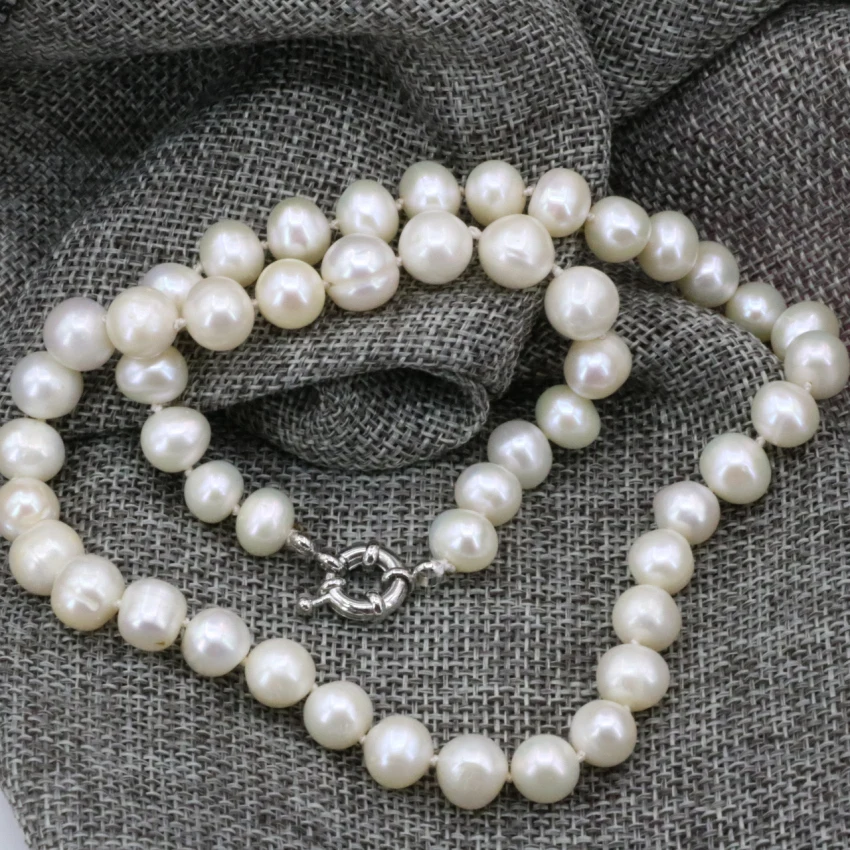 New natural white freshwater cultured pearl 9-10mm nearround beads necklace chain for women elegant choker jewelry 18inch B3236