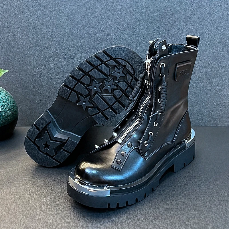 Luxury Designer Youth Trending Rivets Punk Style Boots New Arrival Front Zipper Thick Botttom Metal Decoration Botas Hombre