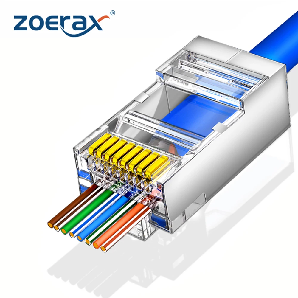 

ZOERAX 50/100pcs Shielded RJ45 CAT5 CAT6 Pass Through Connectors 1.1mm Hole Modular Plug Gold Plated 3 Prong 8P8C Ethernet Ends