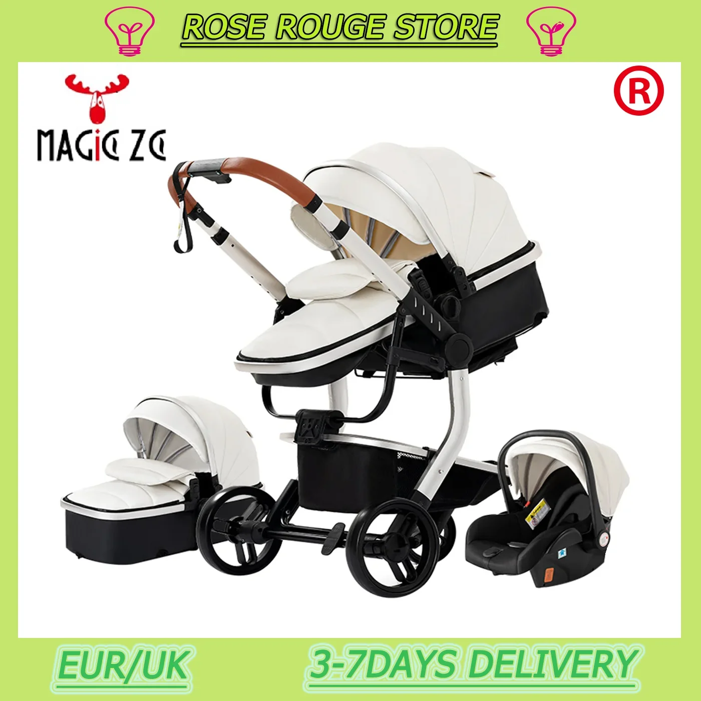 Poussette de Luxe 3 en 1 en Cuir PU pour Bébé, Roue en Caoutchouc Portable, Cadre en Aluminium, Paysage Haut, Nouveau-né