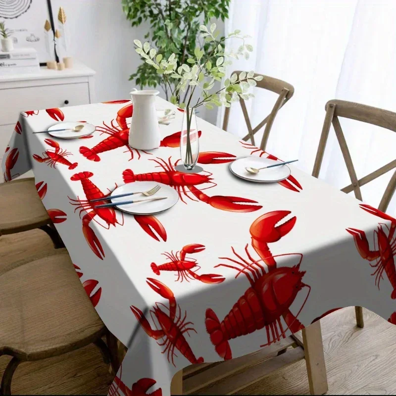 1pc lobster printed tablecloth, durable polyester tablecloth, white background with red full-print of lobster pattern, yzb