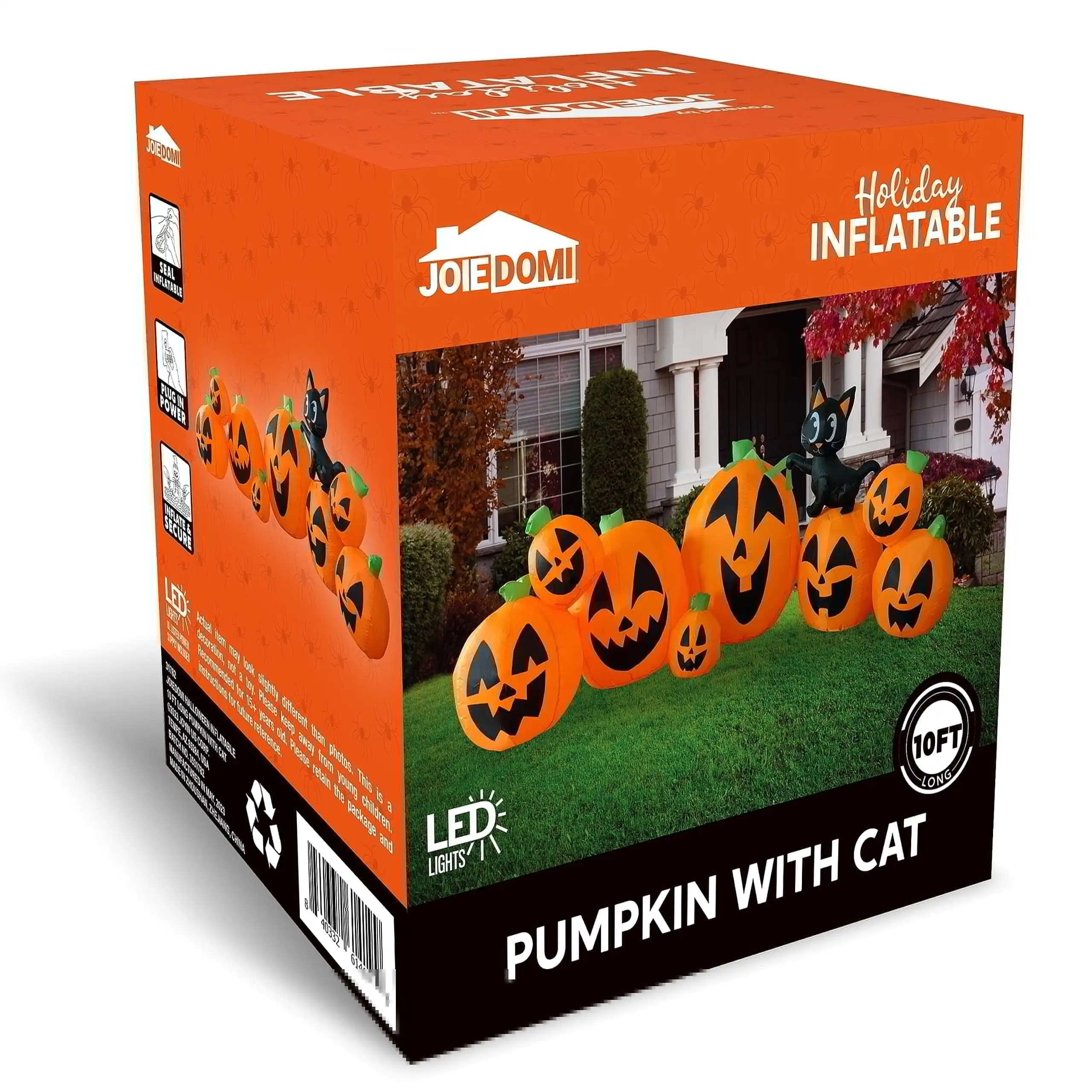 Joyfy 10 أقدام هالوين نفخ اليقطين الطويل مع زينة القط الساحرة المطاطية لزينة ساحة الهالوين