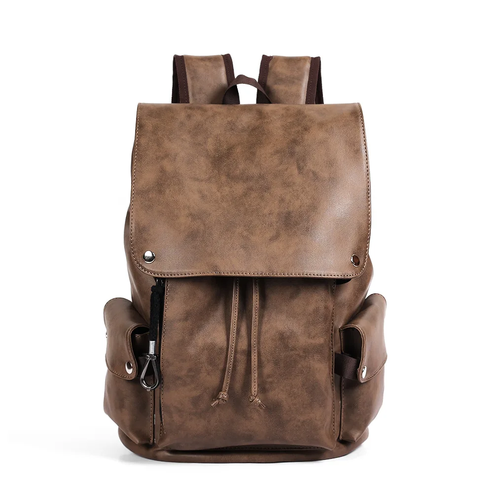 Men PU Leather Backpack Male Drawstring Flap Bag Man Travel School Rucksack Casual Outdoor Hiking Daypack For Men Daily Use