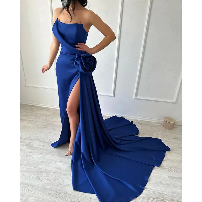 

Sexy Strapless Side Split Mermaid Prom Dresses Handmade Flower Special Occasion Dress Sweep Train Ruched Formal vestidos