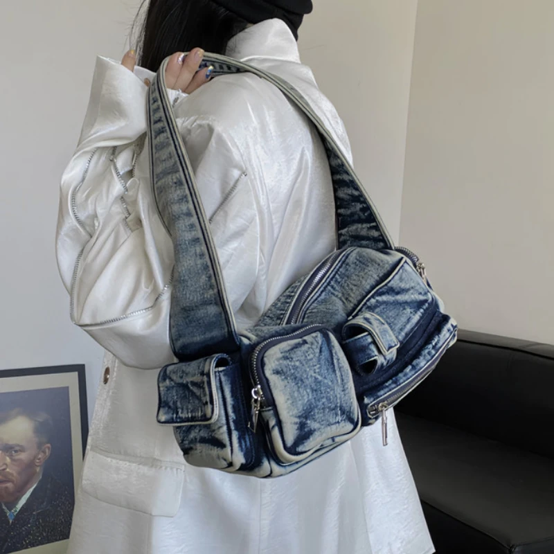 Fashion Denim Women Crossbody Bag Large Capacity Shoulder Bag Vintage Solid Color Multi-Pockets Zipper Commute Bag