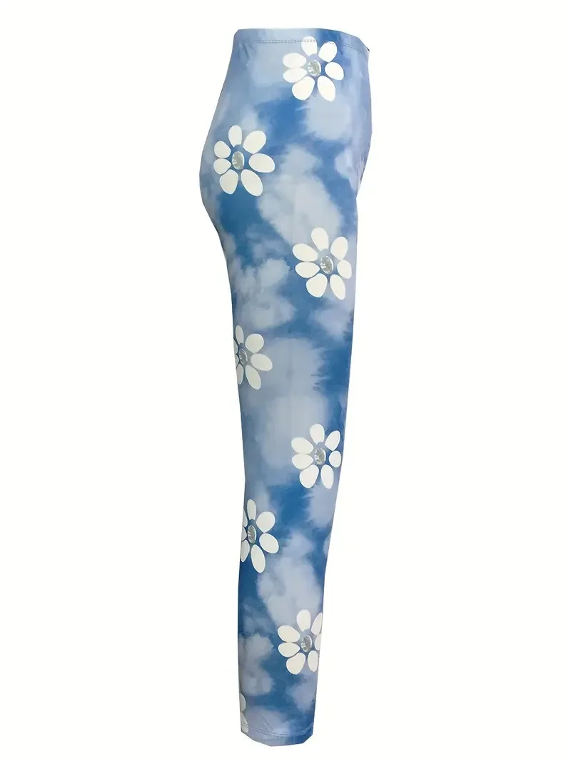 Floral  print stretch slim elastic waist tight casual leggings capri pants women