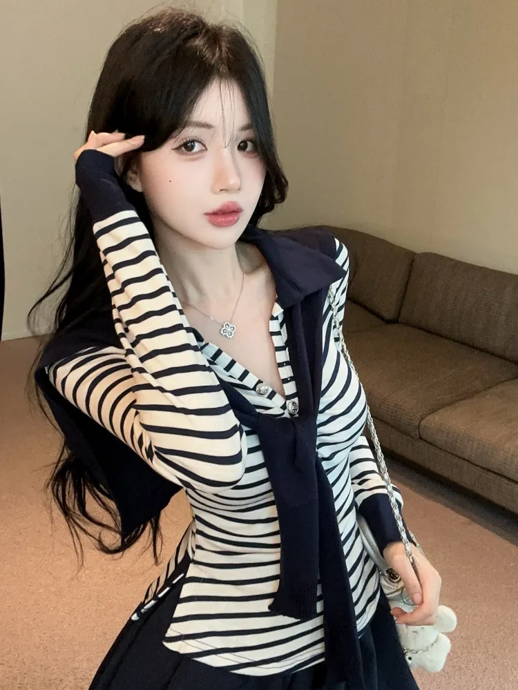 

Retro Striped Neck Lazy Style Top And Shoulder Wrap Spring Autumn New Pure Desirable Flower Bud Skirt Fashion Set for Women