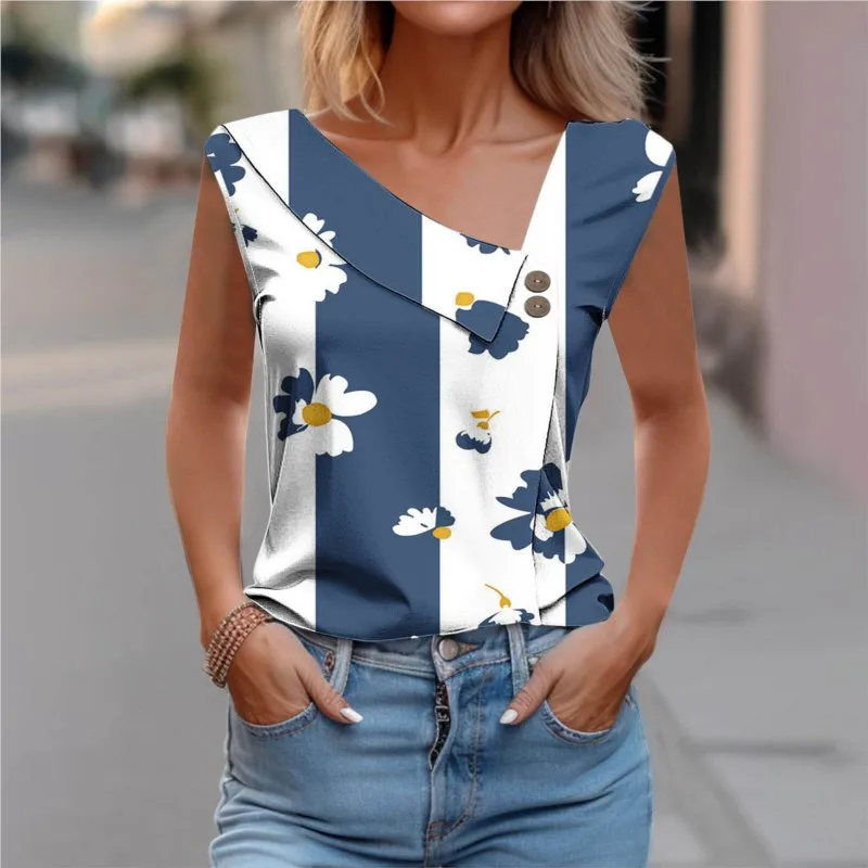 

2024 Summer Fashion New Slant Neck Sleeveless Printed Casual T-shirt for Women