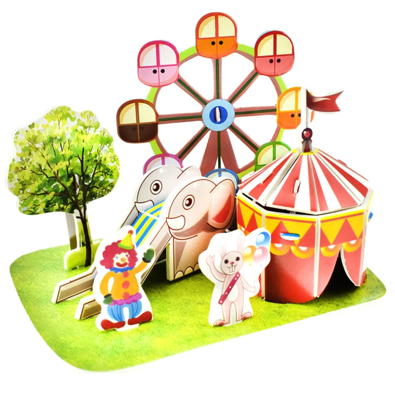 DIY Children's 3D Puzzles Educational Toys Insert Building Blocks Cartoon Building Amusement Park Puzzle Model Toy Gifts P340
