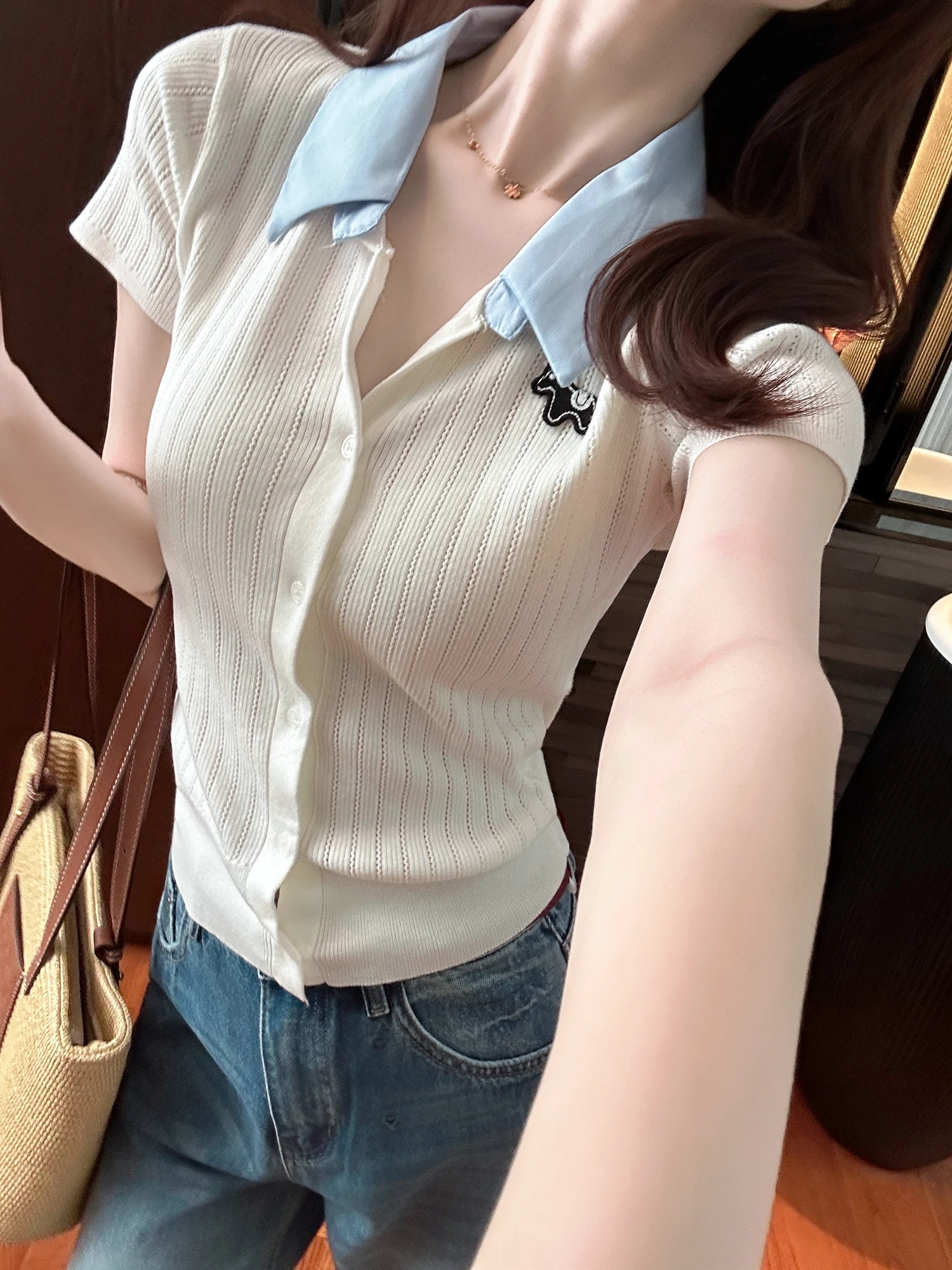 

Модный женский вязаный топ с коротким рукавом и вышивкой в стиле колор-блок, с завязками на талии, для повседневной носки