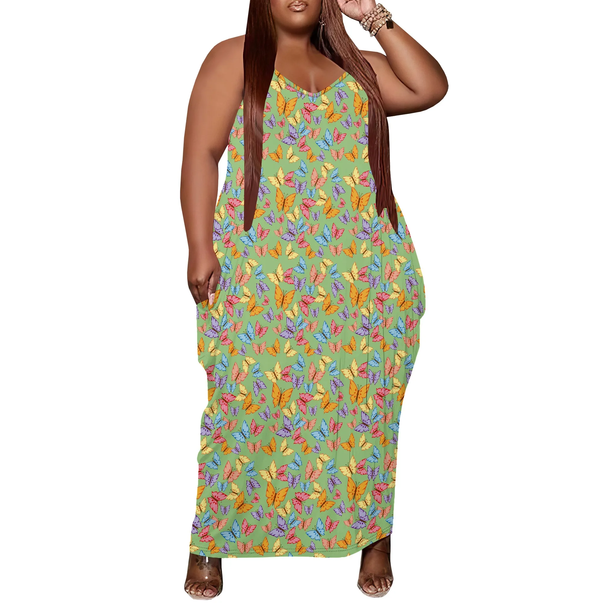 Women Plus Size Dress Loose Halter Long Dress with Pocket Stretchy Boho Butterfly Print XL-6XL​