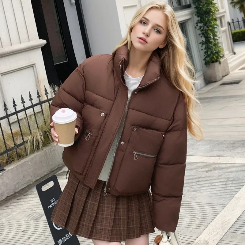 سترة نسائية شتوية مبطنة بلون نقي وحاشية مرنة وياقة واقفة معطف على طراز مترهل للنساء #4