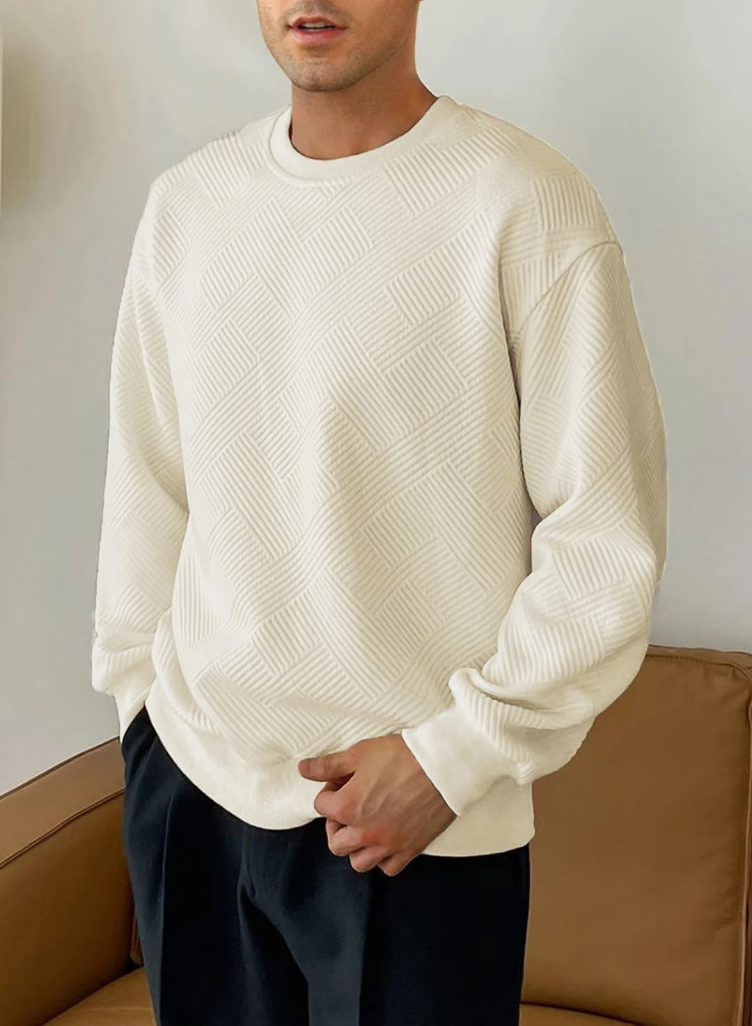 

European and American round-neck long-sleeved sweatshirt - Men's casual textured pullover