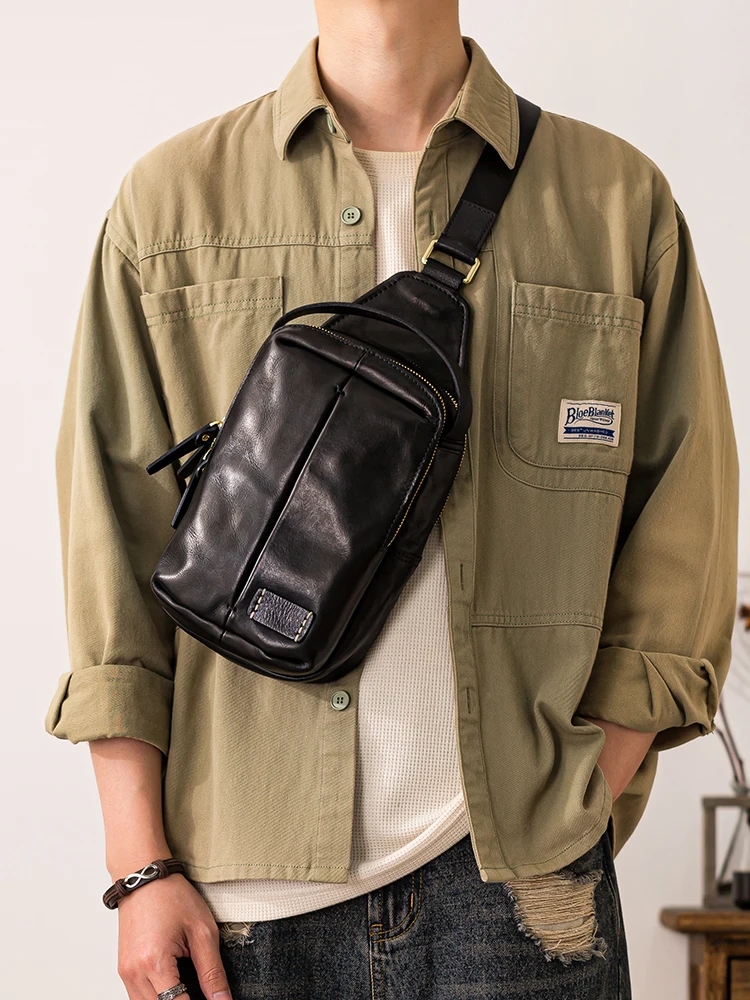 PNDME organizers designers handmade genuine leather men's black chest bag fashion sports cow leather motorcycle crossbody bag