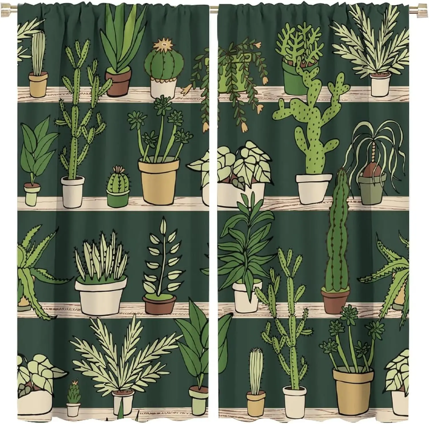 Plants Blackout Curtains Green Leaves Potted Floral Cactus Flower Natural Art Print for Living Room Bedroom Kitchen Decor Rod