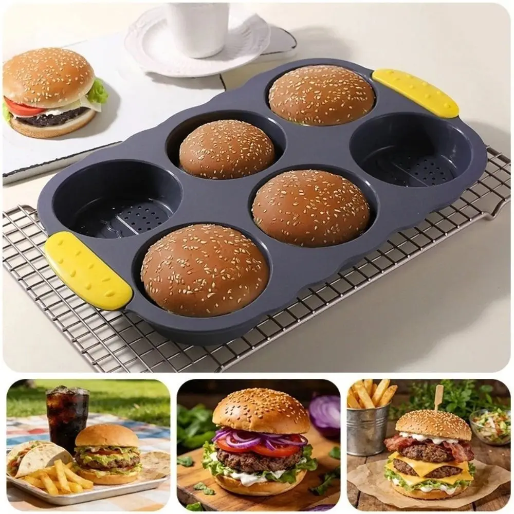 

6 Cavity Hamburger Bun Mold Heat Resistant Easy To Release Bread Loaf Pan Oven Safe Perforated Silicone Baking Pan Household