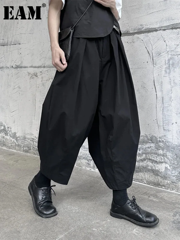 [EAM] High Elastic Waist Black Pleated Long Wide Leg Pants New Loose Fit Trousers Women Fashion Tide Spring Autumn 2025 1DF9659