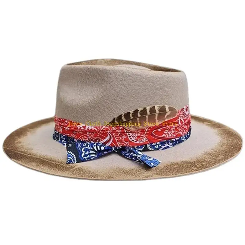 

Distressed Panama Hat Woven Belt Stage Hat Unisex Theme Party Costume Wool Hat 10CD