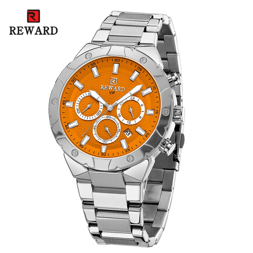 REWARD Mens Watch Quartz Waterproof Luminous Date Stainless Steel Wrist Watches Luxury Casual Watch for Men