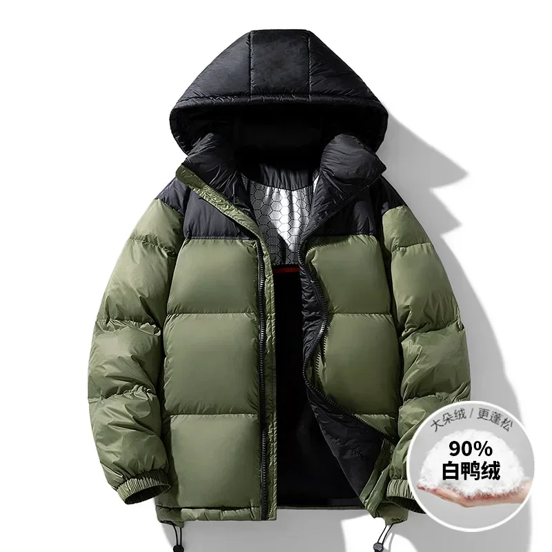 New Winter Men's Graphene-heated Hooded Warm Down Jacket Contrast Color 90% White Duck Down Puffer Jackets Couples JK-989