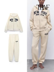 TRAF Women's Sweatshirt Fashion New York Letter Embroidery Zipper Hooded Sweatshirt Vintage Loose High Waist Sweatpants Set