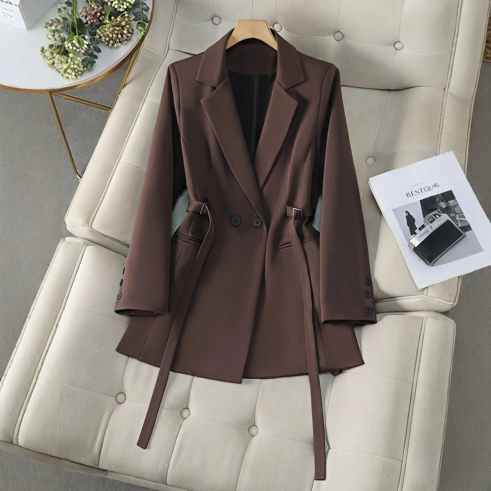 Double-Breasted Suit Jacket with Waist Belts Elegant Draped Commute Ready Women's Thick Polyester Formal Outerwear