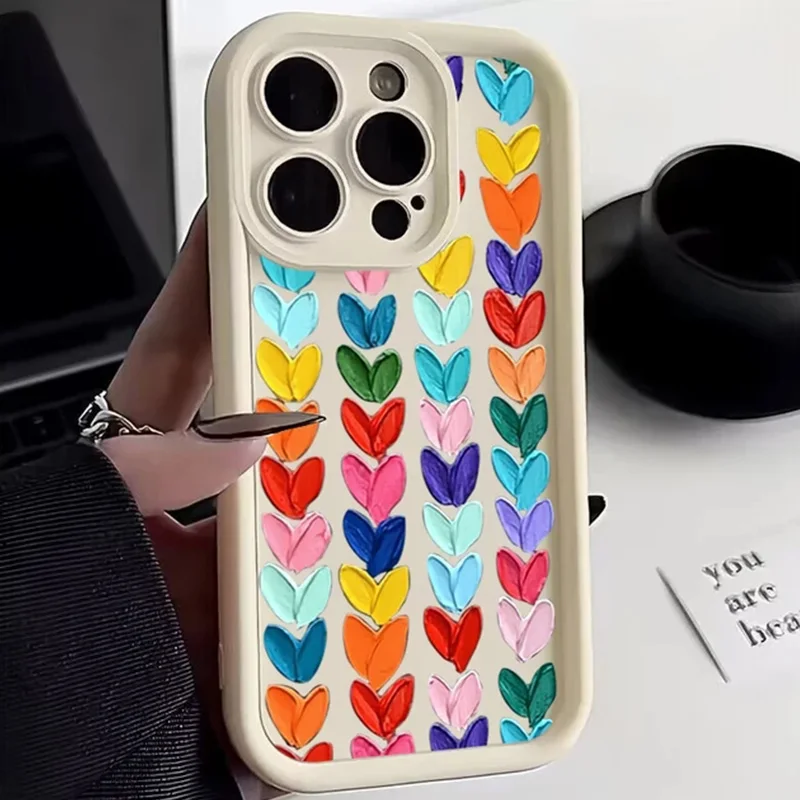 Colorful Love Heart Pattern Silicone Phone Case For iPhone 16 15 14 13 12 11 Pro Max XS X XR 7 8 Plus SE 3 Shockproof Soft Cover