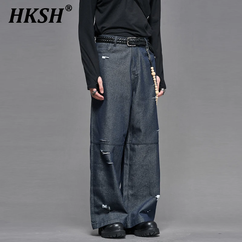 HKSH Autumn New Men's Tide High Quality Niche Retro Washed Hole Denim Blazer Dark Punk Streetwear Jacket Chic Suit Pants HK3218