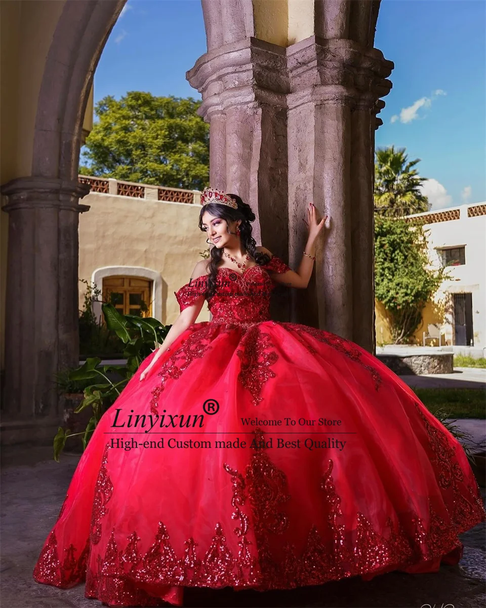 Vestido De baile rojo De lujo para quinceañera, Apliques De encaje De México, vestido dulce 16, vestido De corsé De 15 años, 2024