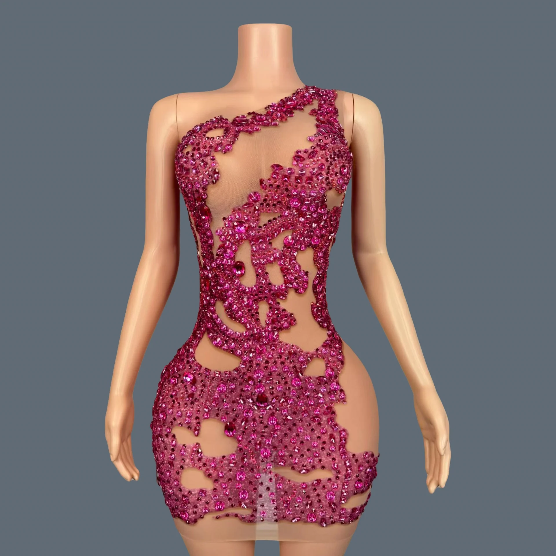 

One Shoulder See Through Mesh Sparkly Mini Dress Rose Pink Crystals Brilliant Evening Dress Luxury Sexy Cocktail Dress Manyuemei