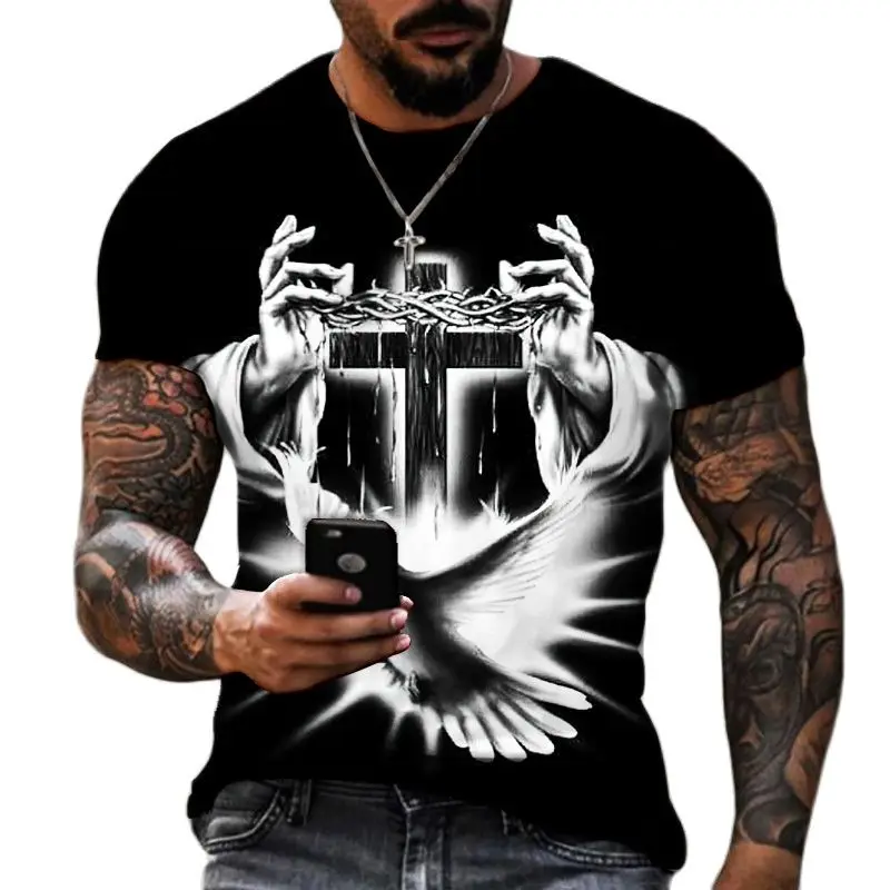 

Men's T-shirt 3D Printed With Jesus Pattern Cross Retro Catholic Harajuku Short Sleeved Top New Casual O-neck Oversized Clothing