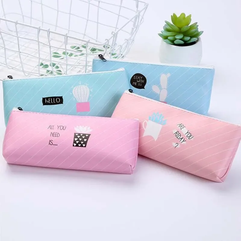 Cactus Random Pattern PU Leather Large Capacity Zipper Pencil Bags Simple Style Stationery Storage Bags School Supply