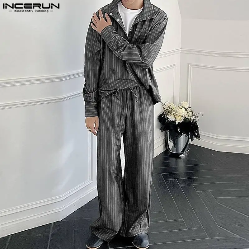 INCERUN 2024 Korean Style Fashion Sets New Men's Long Sleeved Shirts Pants Casual Streetwear Striped Lapel Two-piece Sets S-5XL