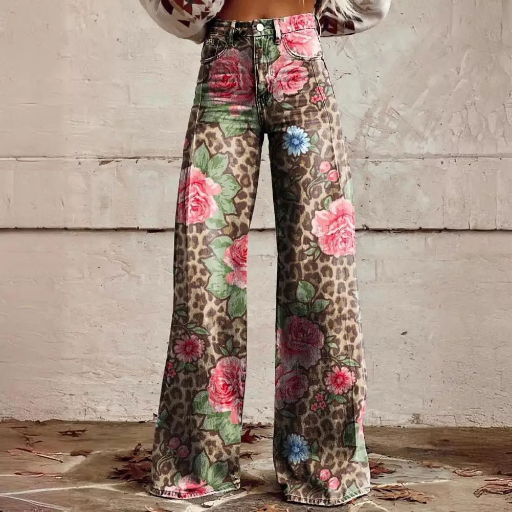 Woman Fashion Vintage Printed Trousers Summer Autumn Retro Casual Wide-leg Pants Digital Floral Print Leisure Street Trousers