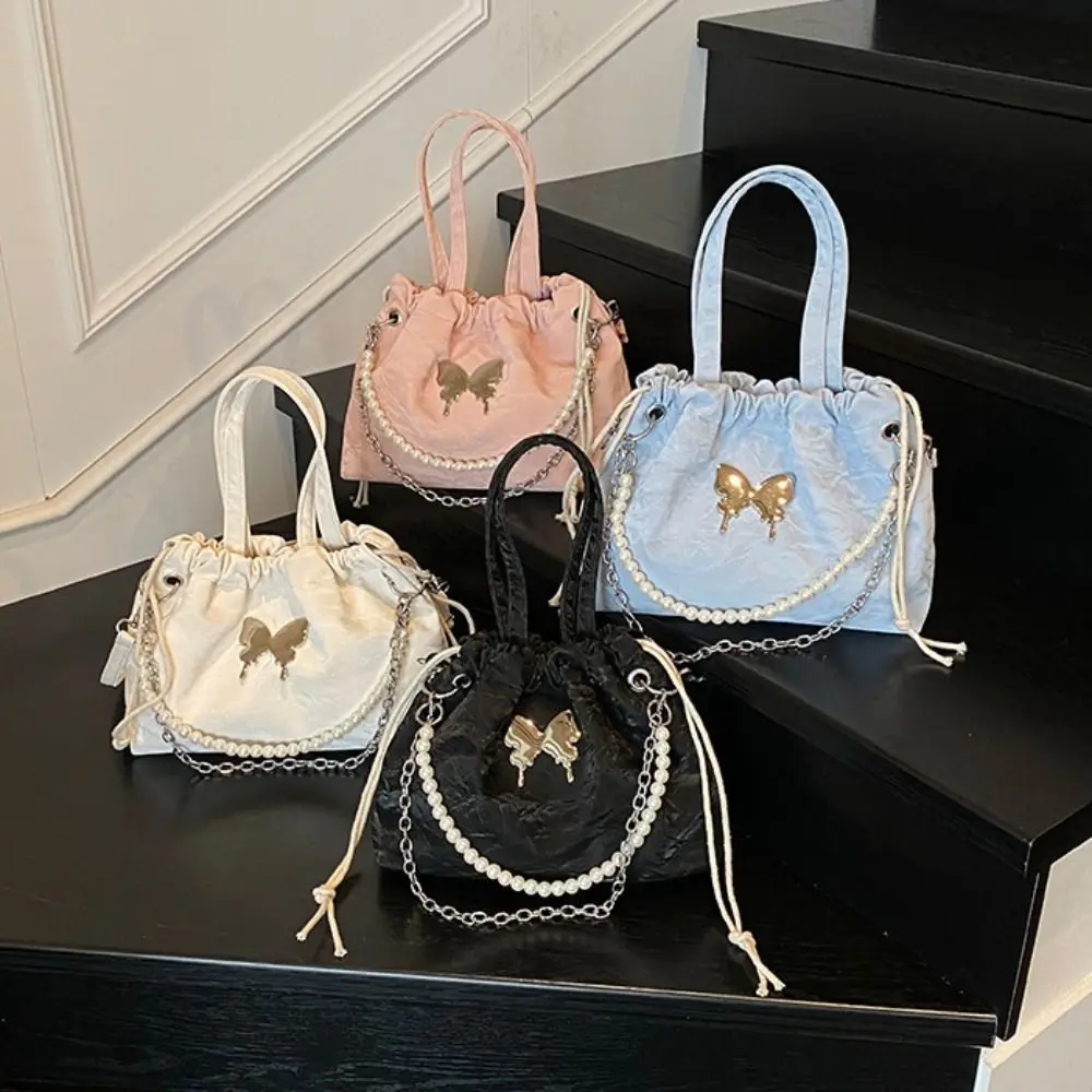 

Magnetic Buckle Silver Butterfly Backpack Metal Chain Butterfly Decor Drawstring Shoulder Bag Solid Color Korean Style