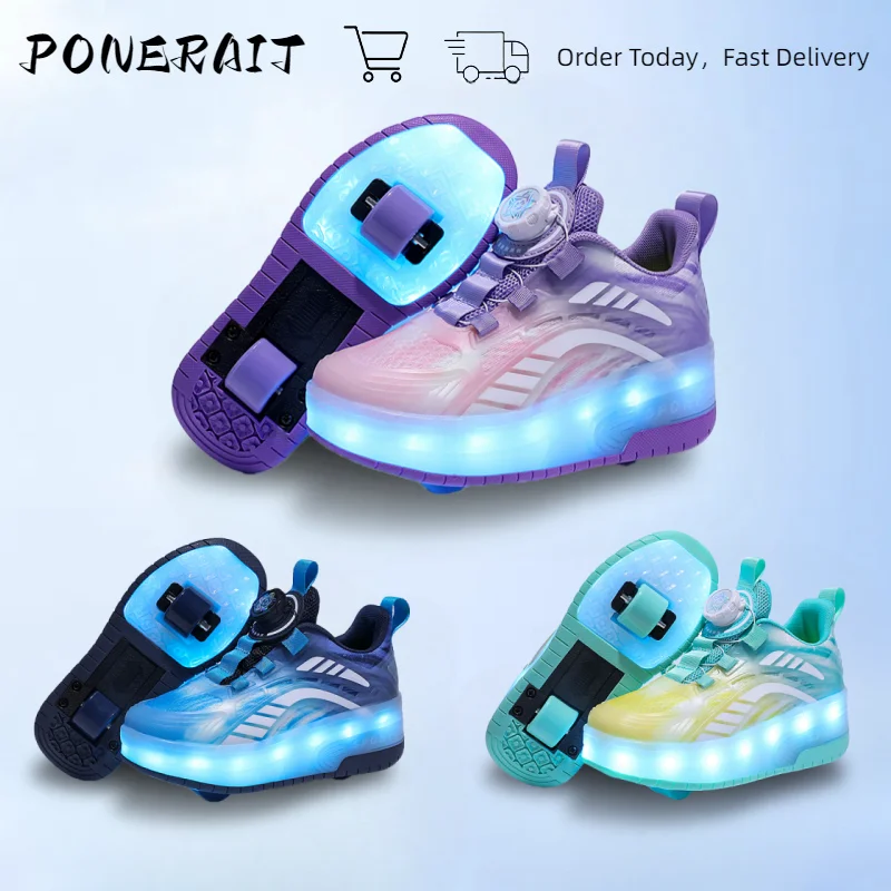 2 Wheels Kids Roller Racing Skates Shoes Boys Cool Led Speed Skate Sneakers With Swivel Buckle And Removable Wheel Free Delivery