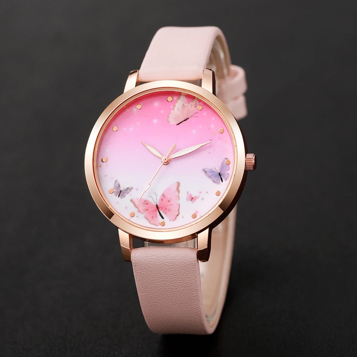 6PCS/Set Women Fashion Quartz Watch Female Clock Pink Butterfly Dial Ladies Leather Wrist Watch Montre Femme（Without  Box）