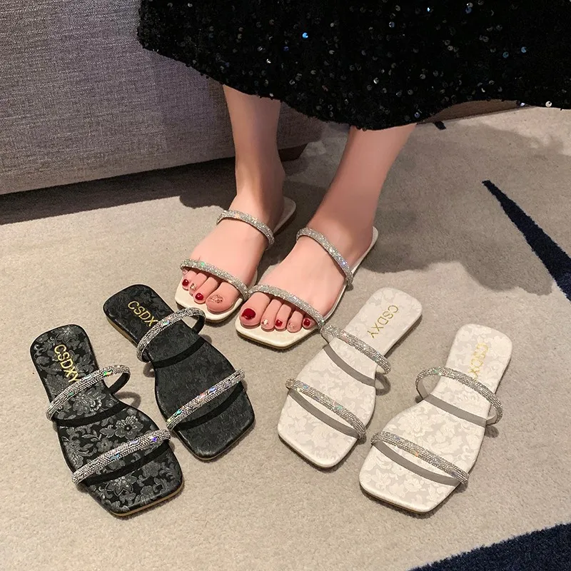 Women High Heels Crystal Rhinestone One Line Slippers Summer Fashion Sexy Party Ladies Shoes Open Toe Slip on Slippers
