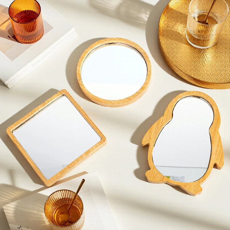 나무 손거울 빈티지 휴대용 다형태 화장 거울 컴팩트 메이크업 손거울 여성 여행용 거울