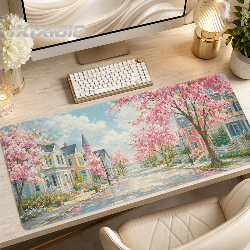 Mouse Pad Spring Sakura Town Gamer XL New Home Mousepad XXL Mechanical Keyboard Pad Soft Office Natural Rubber Desktop Mouse Pad