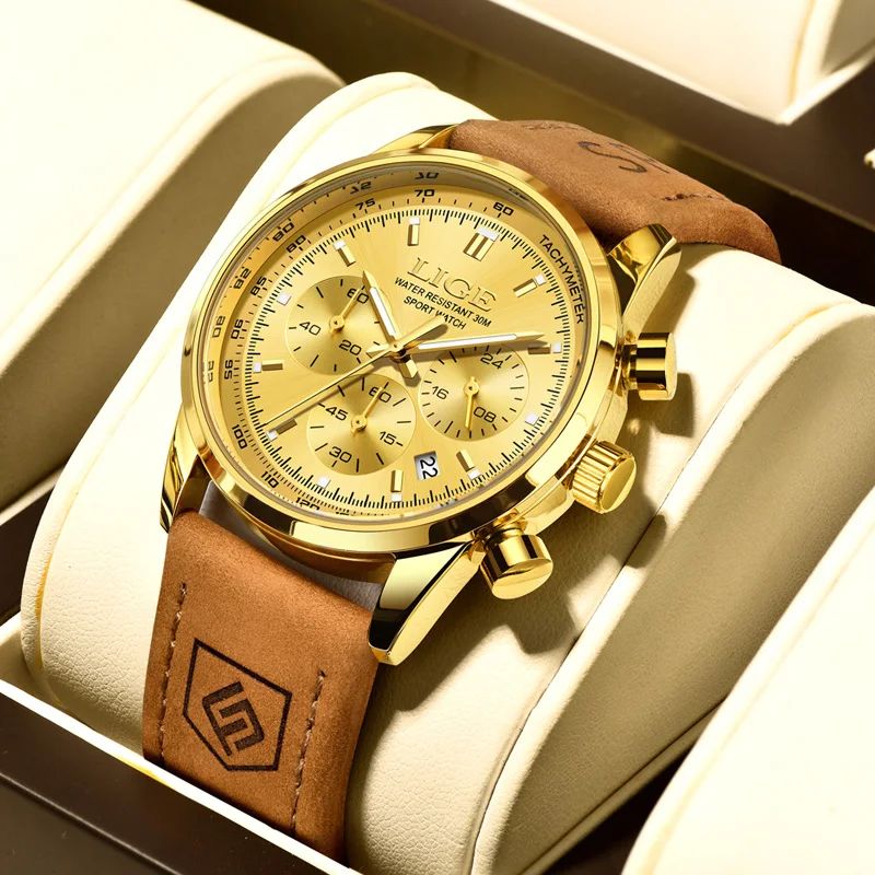 LIGE Mens Watches Fashion Business Genuine Leather Quartz Wristwatch Waterproof Chronograph Luminous Watch Man Male Clock