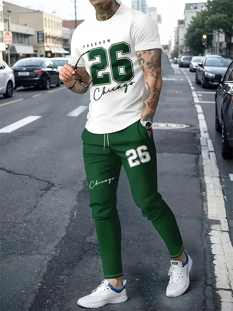 Classic Color 66 Sporty Fashion 2pcs Set Black And White Block Men's Casual Short-sleeved Shirt And Fashionable Autumn Long Pant