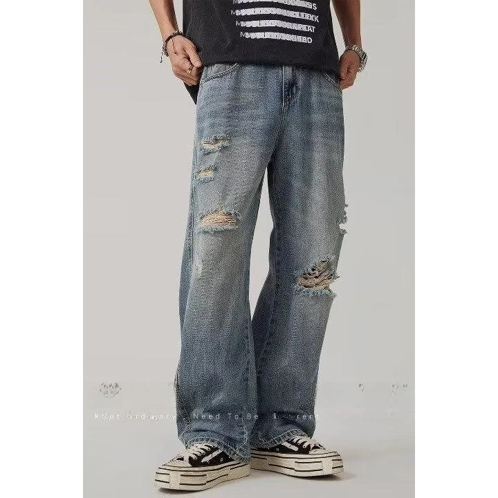 

Waed Vintage American Street Sle Men's Loose Jeans Long Torn Hole Denim Pants Youth Faion Summer Slim Fit No Brand