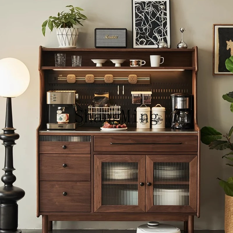 

LXY Black Walnut Side Cabinet Solid Wood Tea Standing Cabinet Slate Countertop Locker