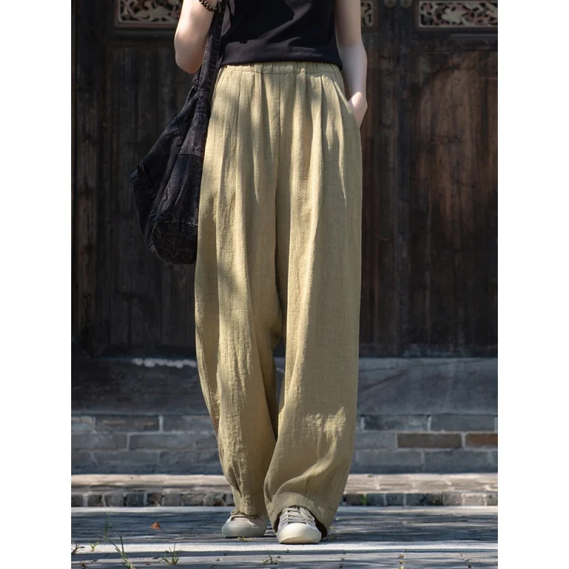 Women Spring Autumn Pants Elastic Waist Ramie Cotton Thick Wide-leg Pants Loose Casual Trousers Wide Leg Pants