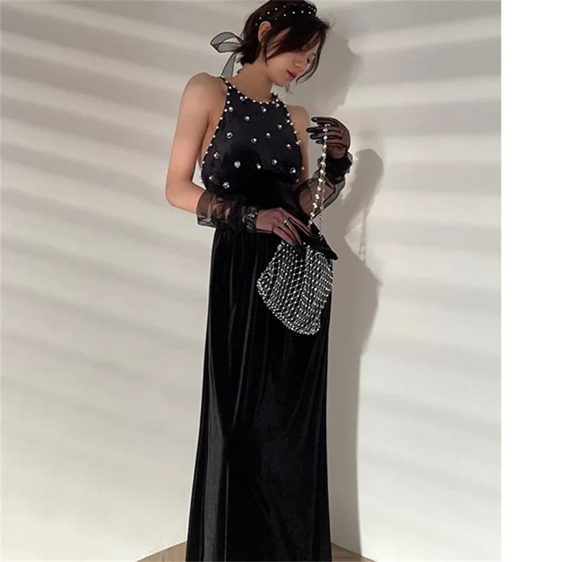 

New Velvet Pearl Backless Evening Long sexy Dress sexy dress summer dress