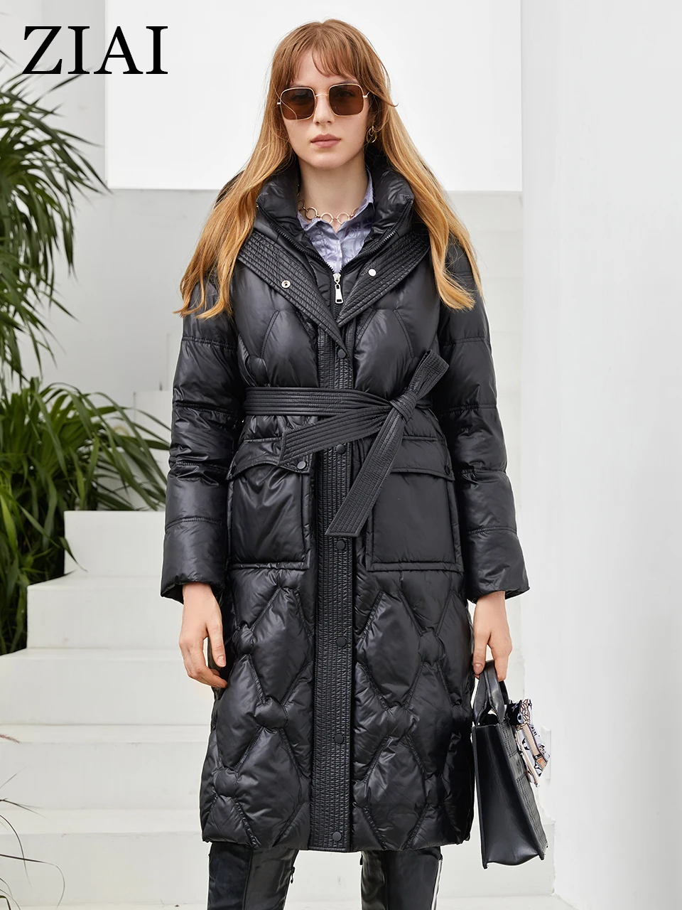 Ziai jaqueta de inverno feminino 2022 longo preto design clássico zíper breasted cinto bolso grande moda feminina parkas ZR-20176