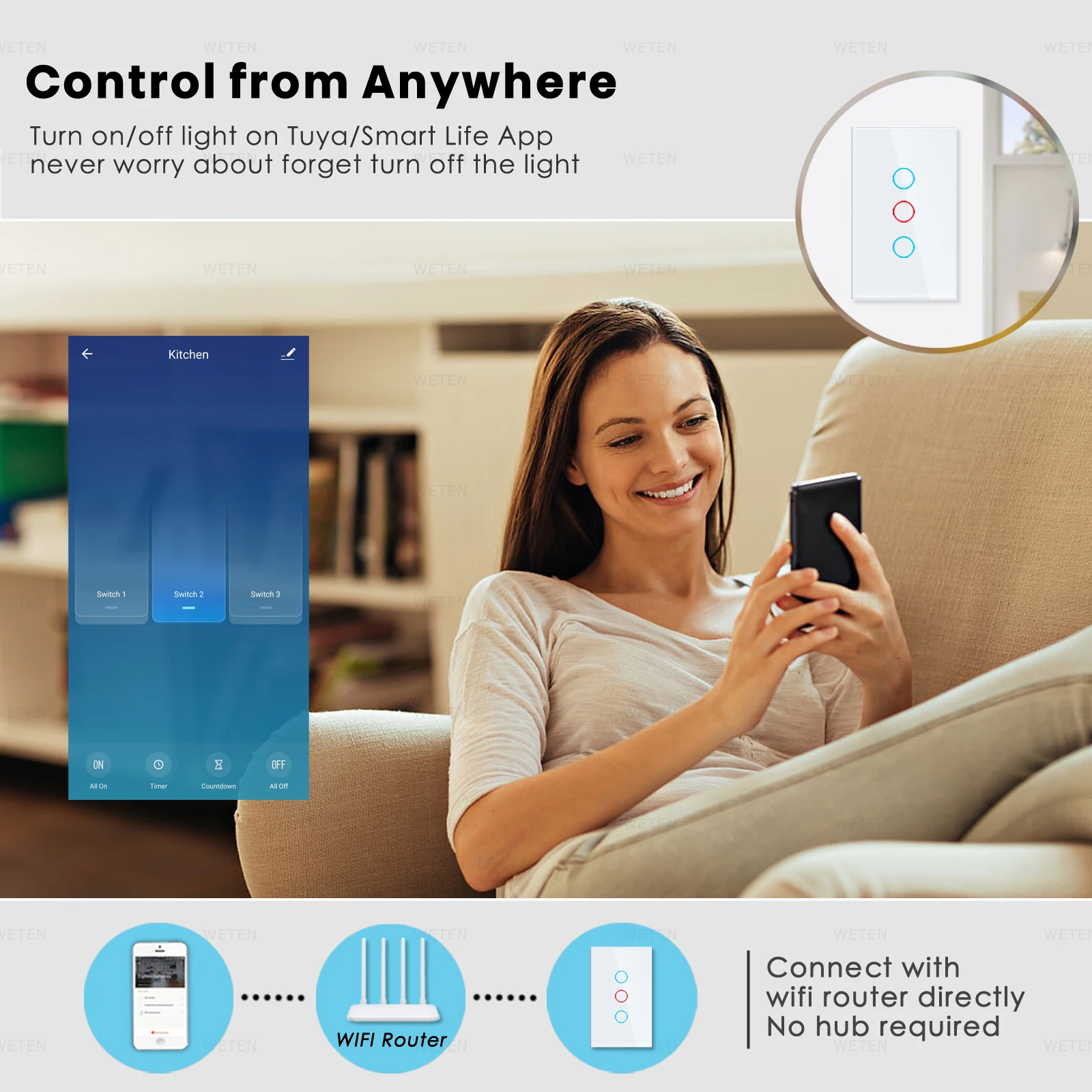 Tuya Smart Life Wifi Wall Touch Light Switch No Neutral Wire 433 Mhz RF 2 Way Switch 220V 110V US, Support Alexa Google Home