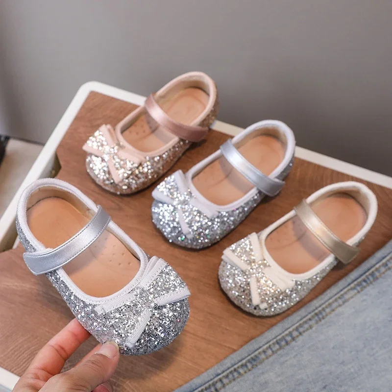 

Spring Autumn Baby Girls Casual Shoes Shining Sequin Mary Jane Children's Crystal Shoes Cute Bow Kids Dance Shoes